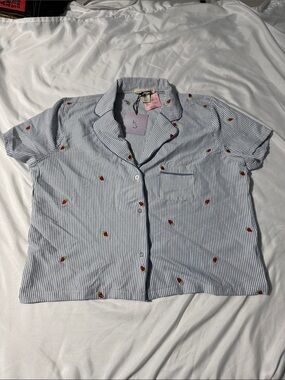 Happily Grey Embroidered Strawberry Stripe Button-Up Shirt Large NWT Boxy Chic